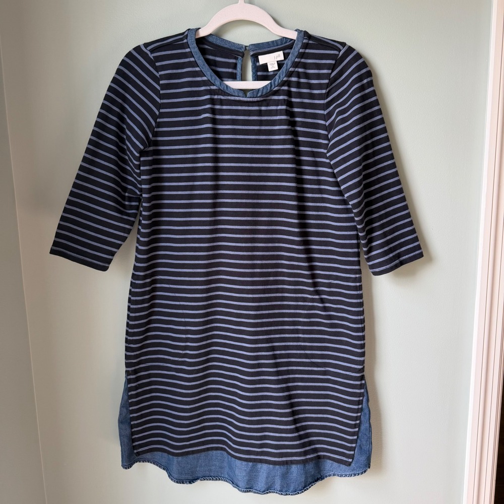 J. Jill Dress Blue Striped 100% Cotton Tencel Denim Trim 3/4 Sleeves XSP Petite